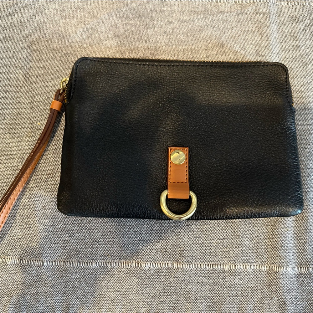 Black leather clutch with tan accents